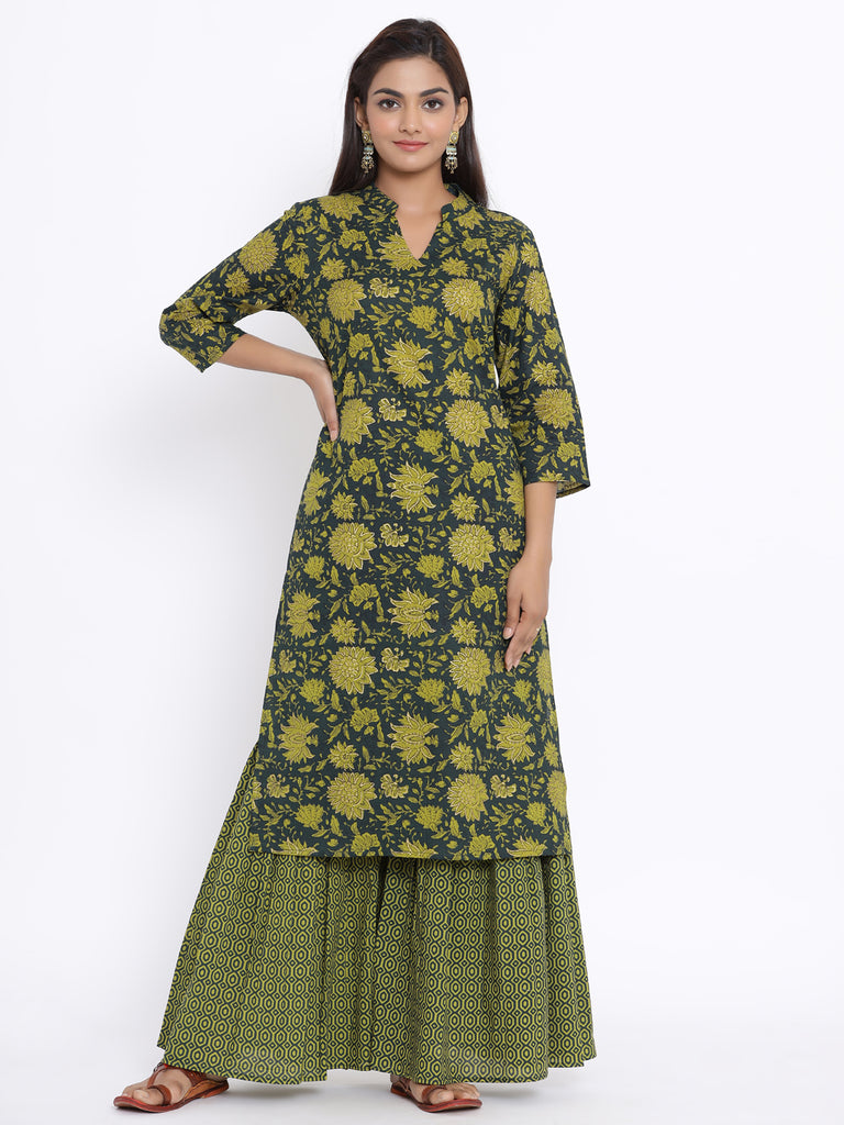 Women's Green & Yellow Floral Printed Pure Cotton Kurta With Sharara - Miravan