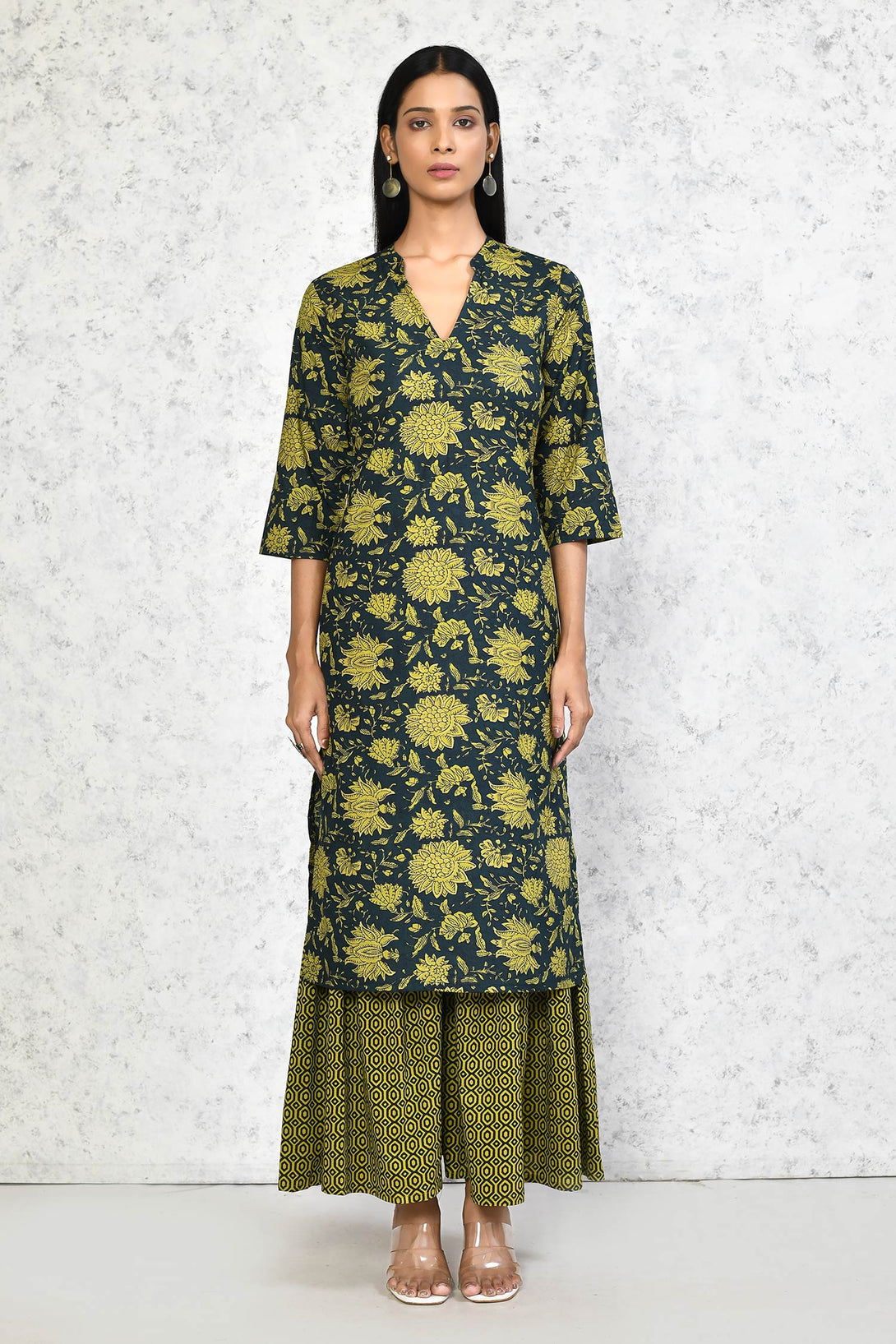 Women's Green & Yellow Floral Printed Pure Cotton Kurta With Sharara - Miravan