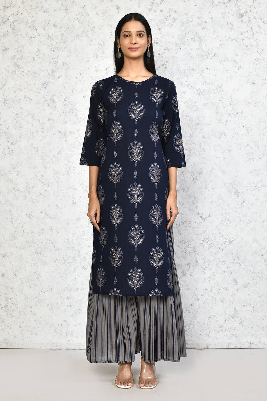 Women's Blue & Grey Printed Pure Cotton Kurta With Sharara - Miravan