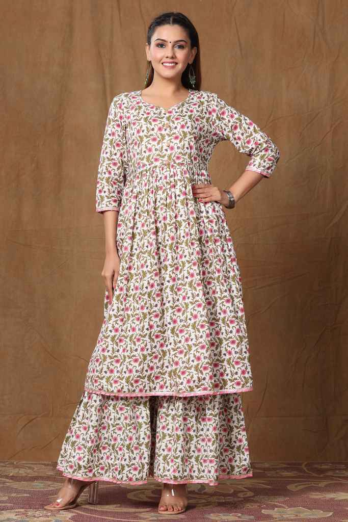 Women's Cotton Floral Print Anarkali Kurta Sharara - Miravan