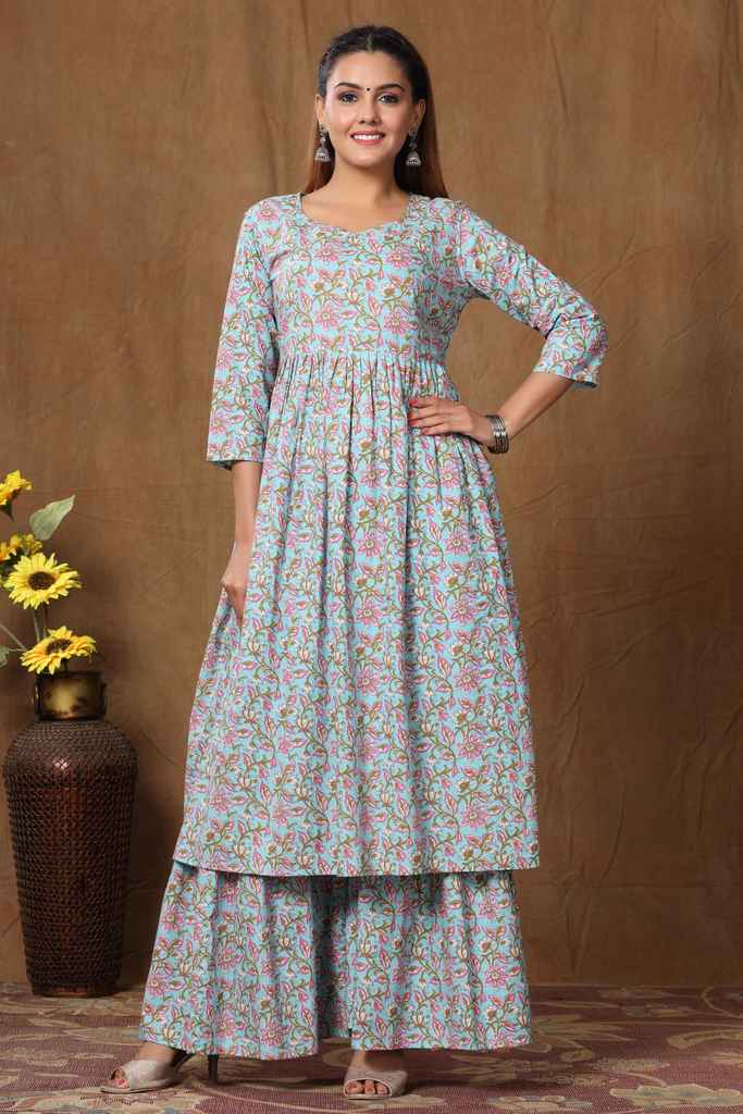 Women's Cotton Floral Print Anarkali Kurta And Sharara Set - Miravan