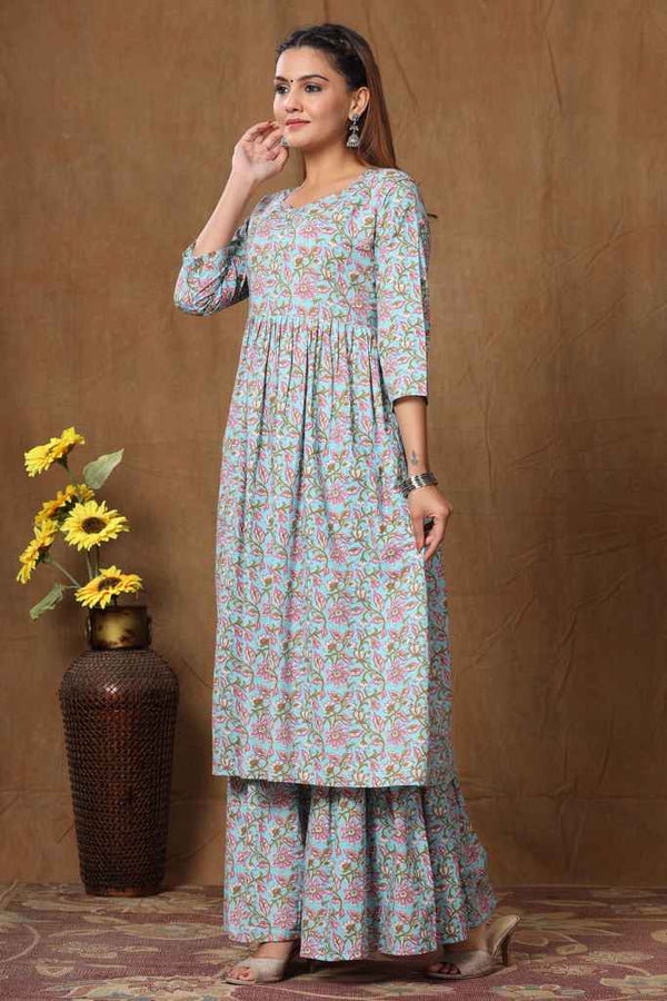 Women's Cotton Floral Print Anarkali Kurta And Sharara Set - Miravan