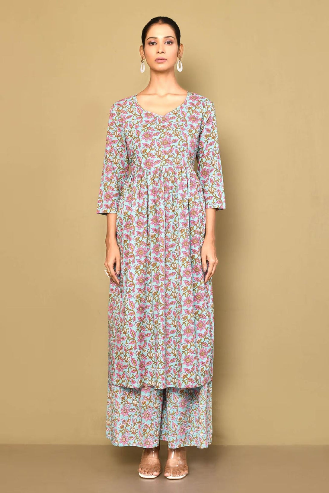 Women's Cotton Floral Print Blue Anarkali Kurta And Sharara Set - Miravan