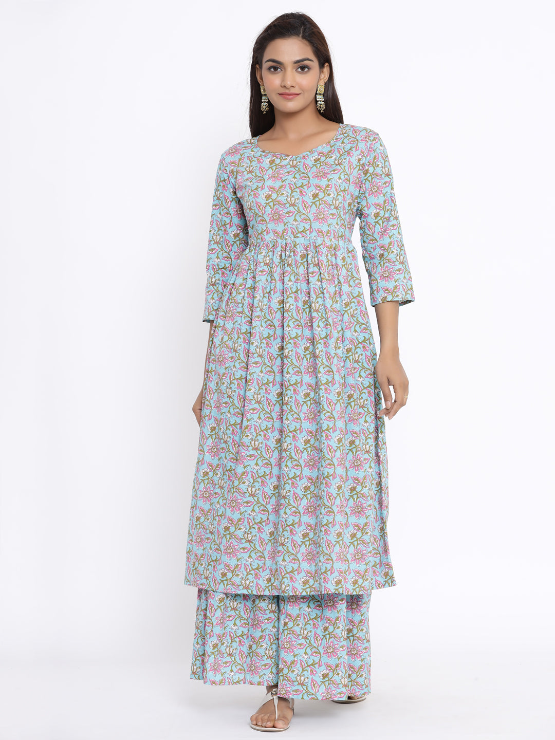 Women's  Cotton Blue Floral Print Anarkali Kurta Sharara Set - Miravan