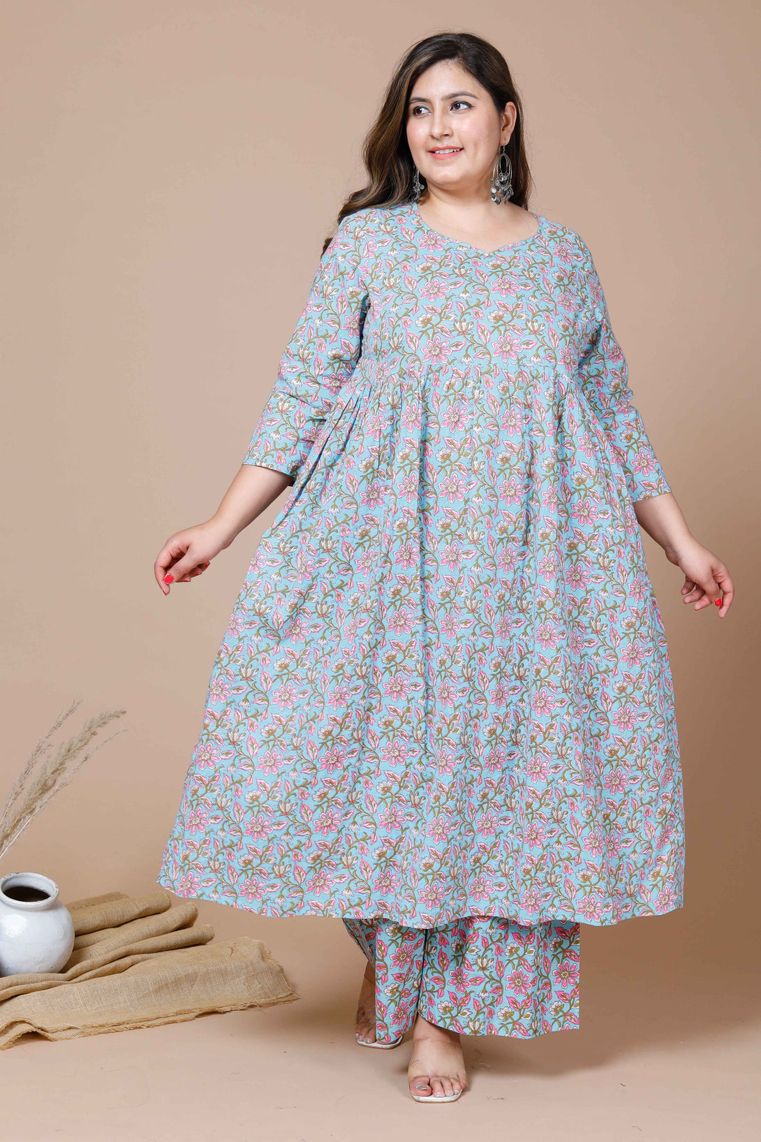 Women's Plus Size Cotton Blue Floral Print Anarkali Kurta And Sharara Set - Miravan