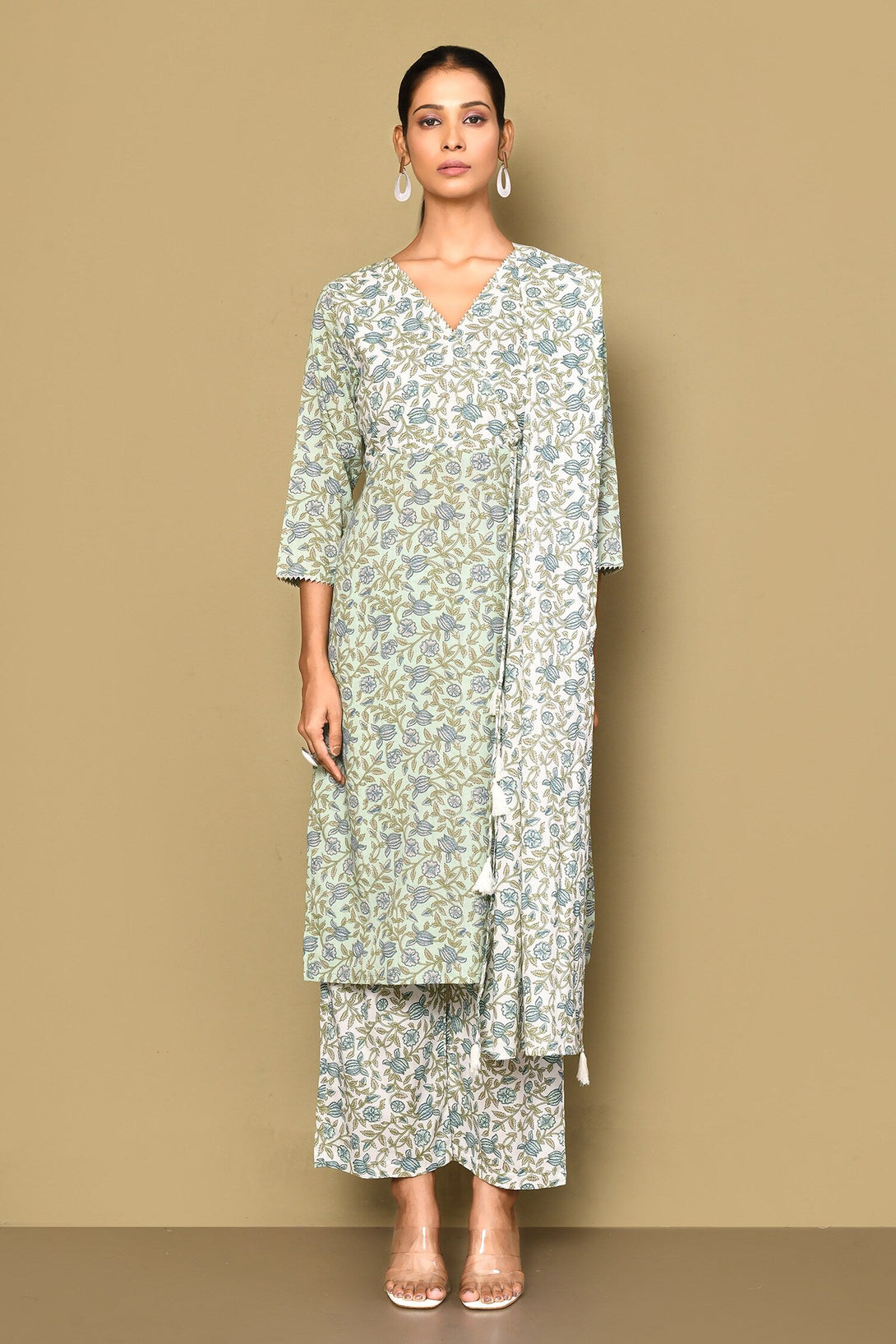 Women's Floral Printed Angrakha Pure Cotton Kurta With Palazzo & Dupatta Set - Miravan