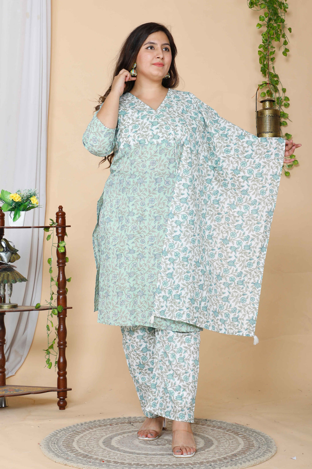 Women's Plus Size Floral Printed Straight Kurta And Palazzo With Dupatta Set - Miravan