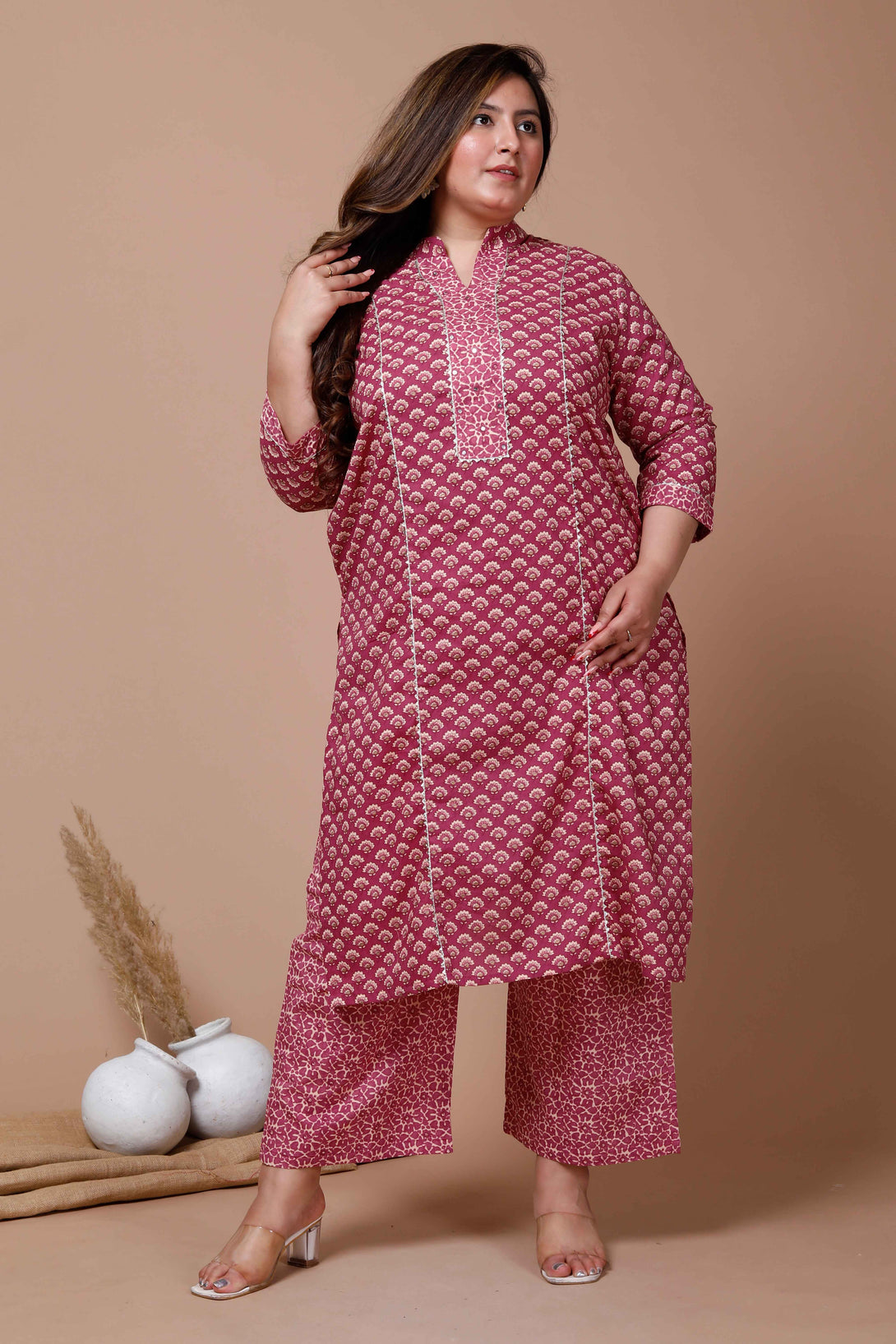 Women's Plus Size Pink Printed Gota Patti Cotton Kurta With Palazzo - Miravan