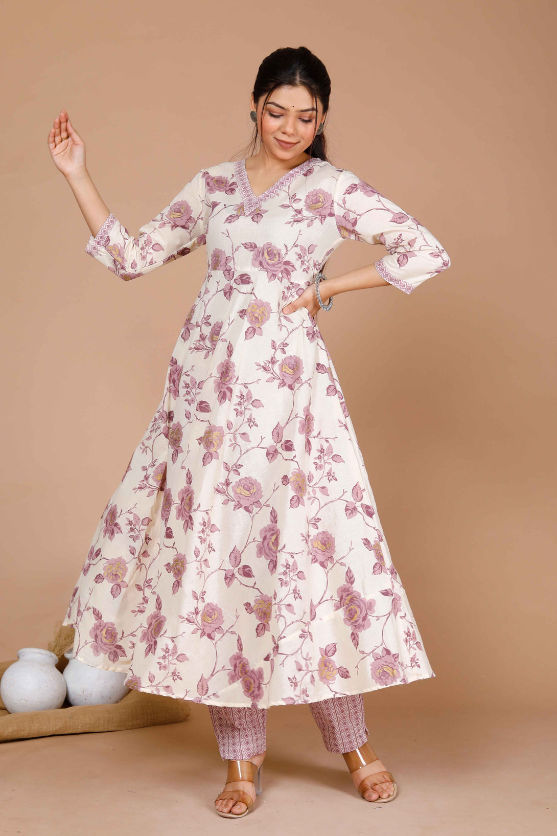 Women's Pink Floral Printed Anarkali Kurta With Palazzo - Miravan