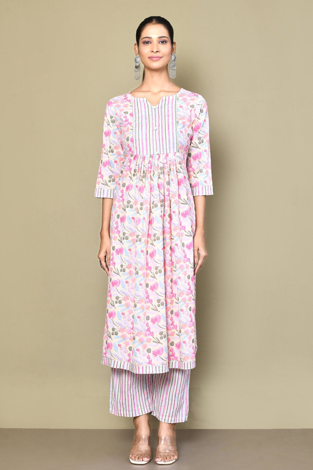 Women's Pink Printed Straight Kurta With Palazzo - Miravan