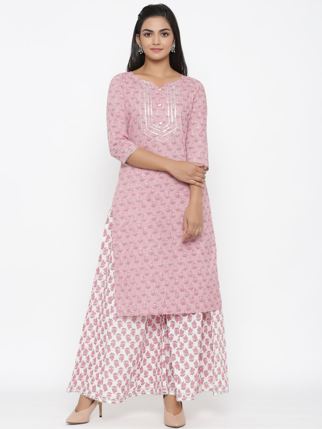 Women's Cotton Floral Print Straight Kurta And Palazzo Set - Miravan