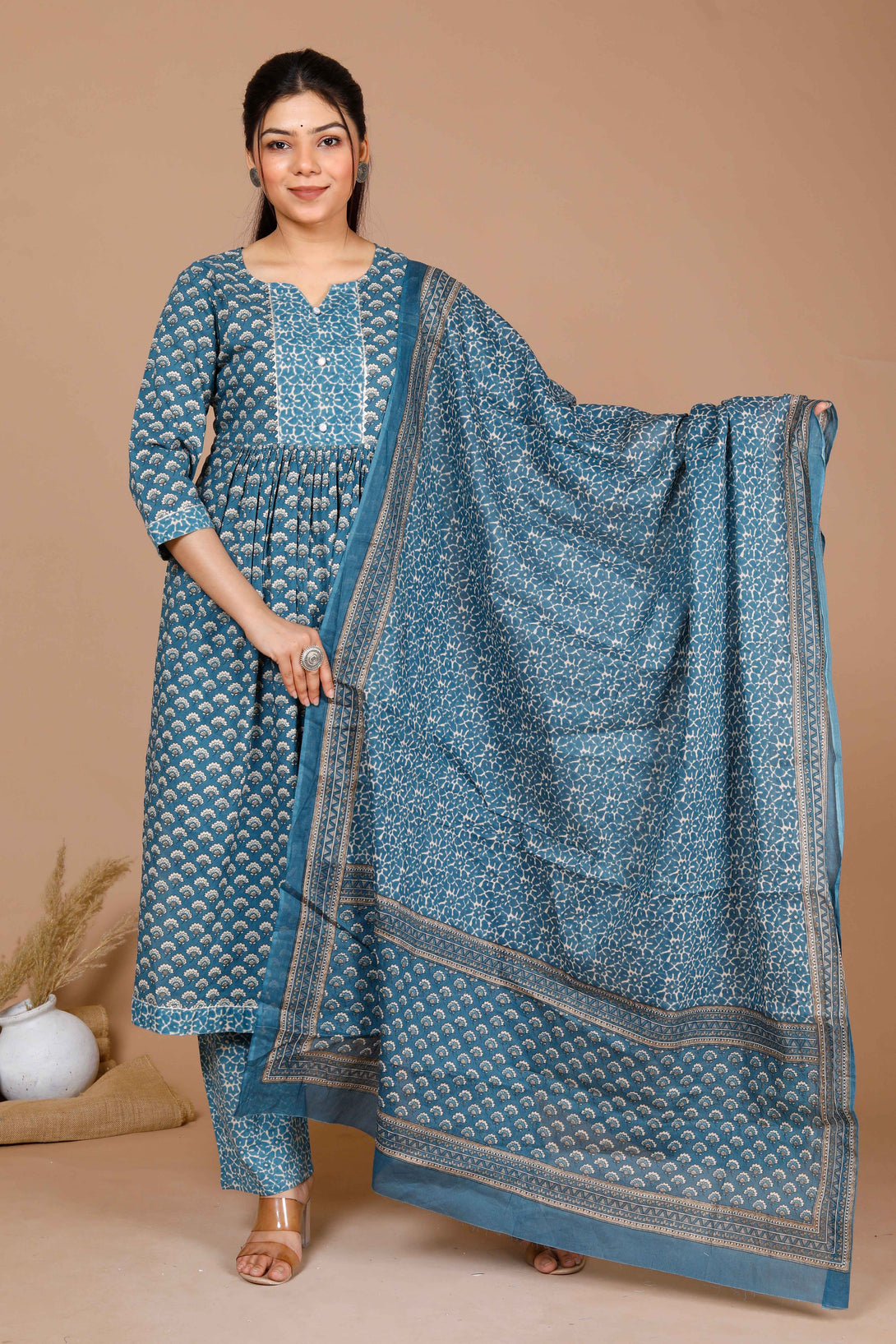 Women's Blue Ethnic Motifs Printed Gotta Patti Cotton Kurta With Palazzo & Dupatta - Miravan