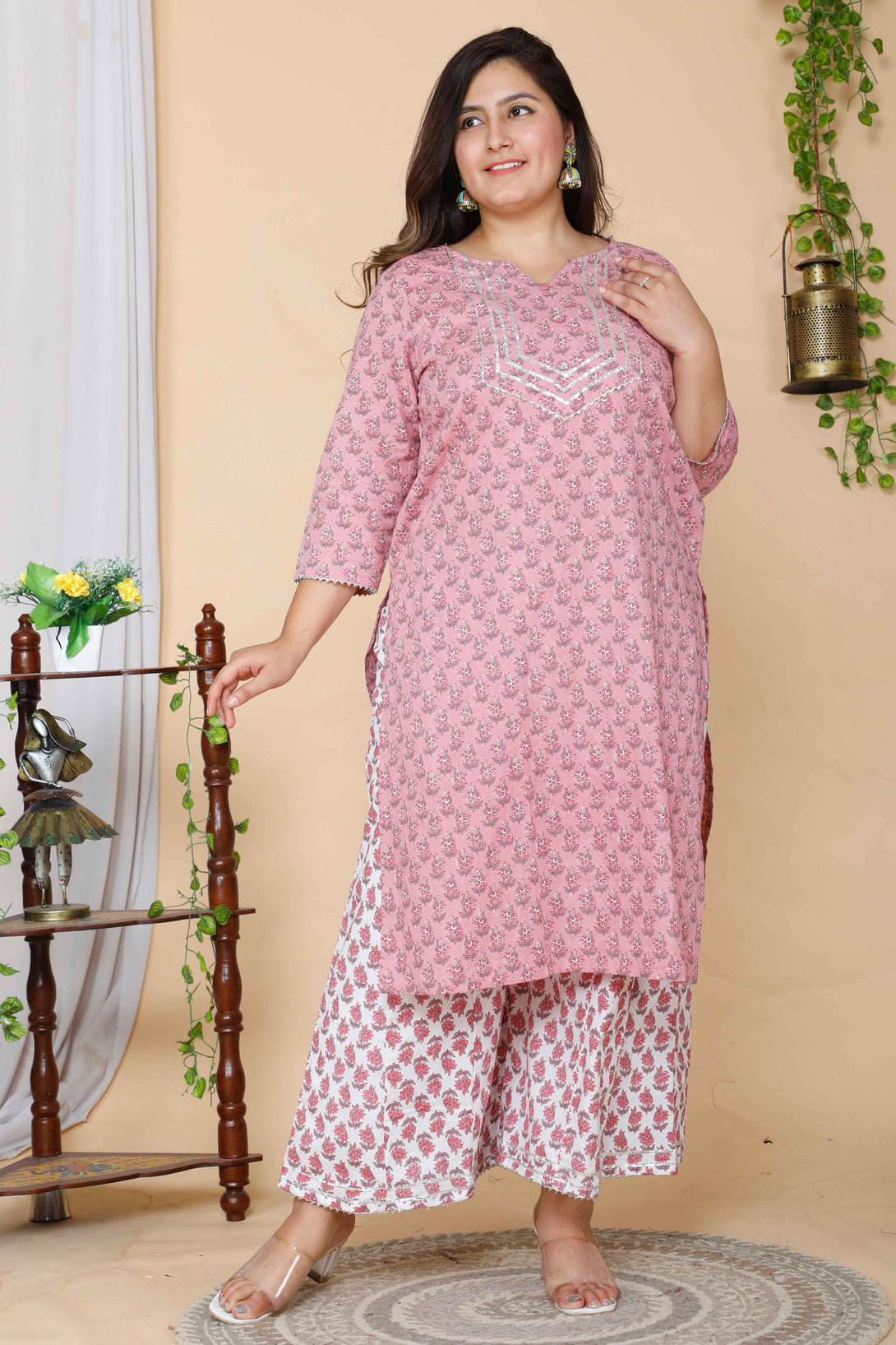 Women's Plus Size Pink Floral Printed Gotta Patti Pure Cotton Kurta With Palazzo - Miravan