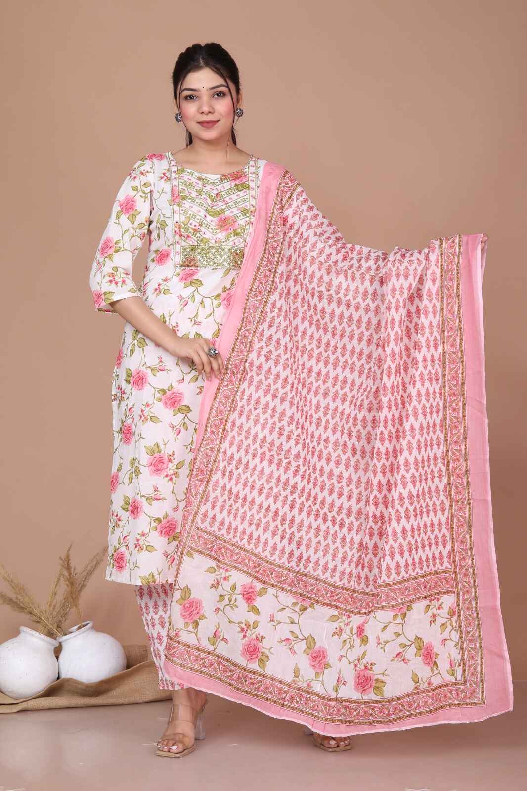 Women'S Pink Embroidered Straight Kurta With Dupatta & Palazzo Set - Miravan