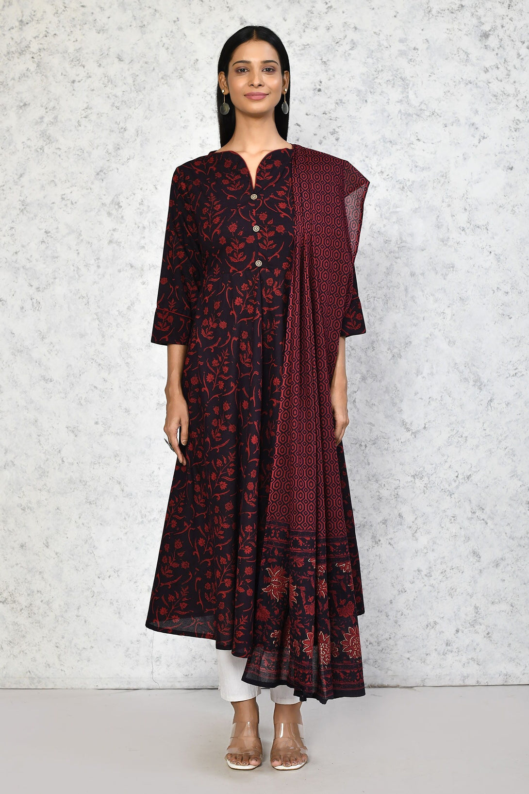 Women's Cotton Floral Print Maroon Anarkali Kurta With Dupatta - Miravan