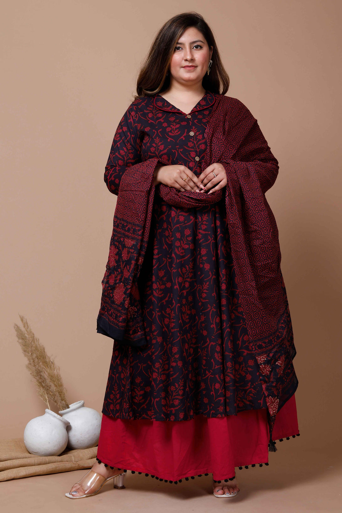 Women's Plus Size Navy Blue Printed Cotton Anarkali Kurta & Dupatta聽 - Miravan