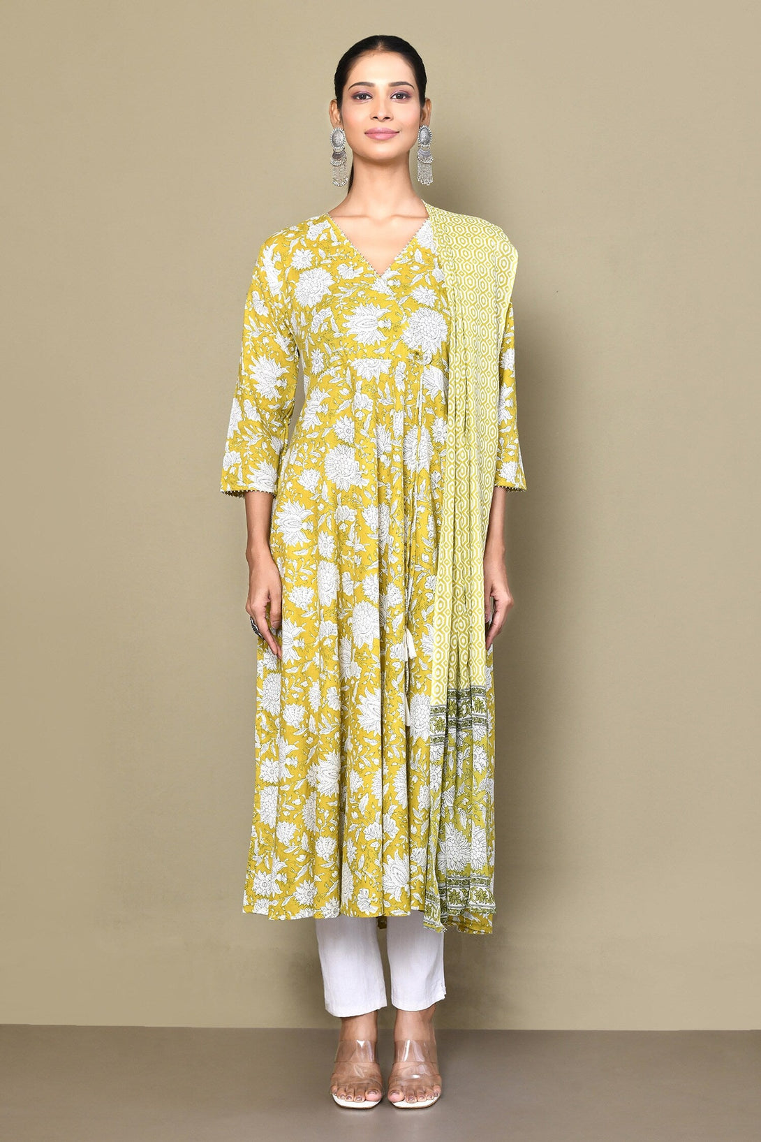 Women's Cotton Floral Print Anarkali Kurta With Dupatta - Miravan