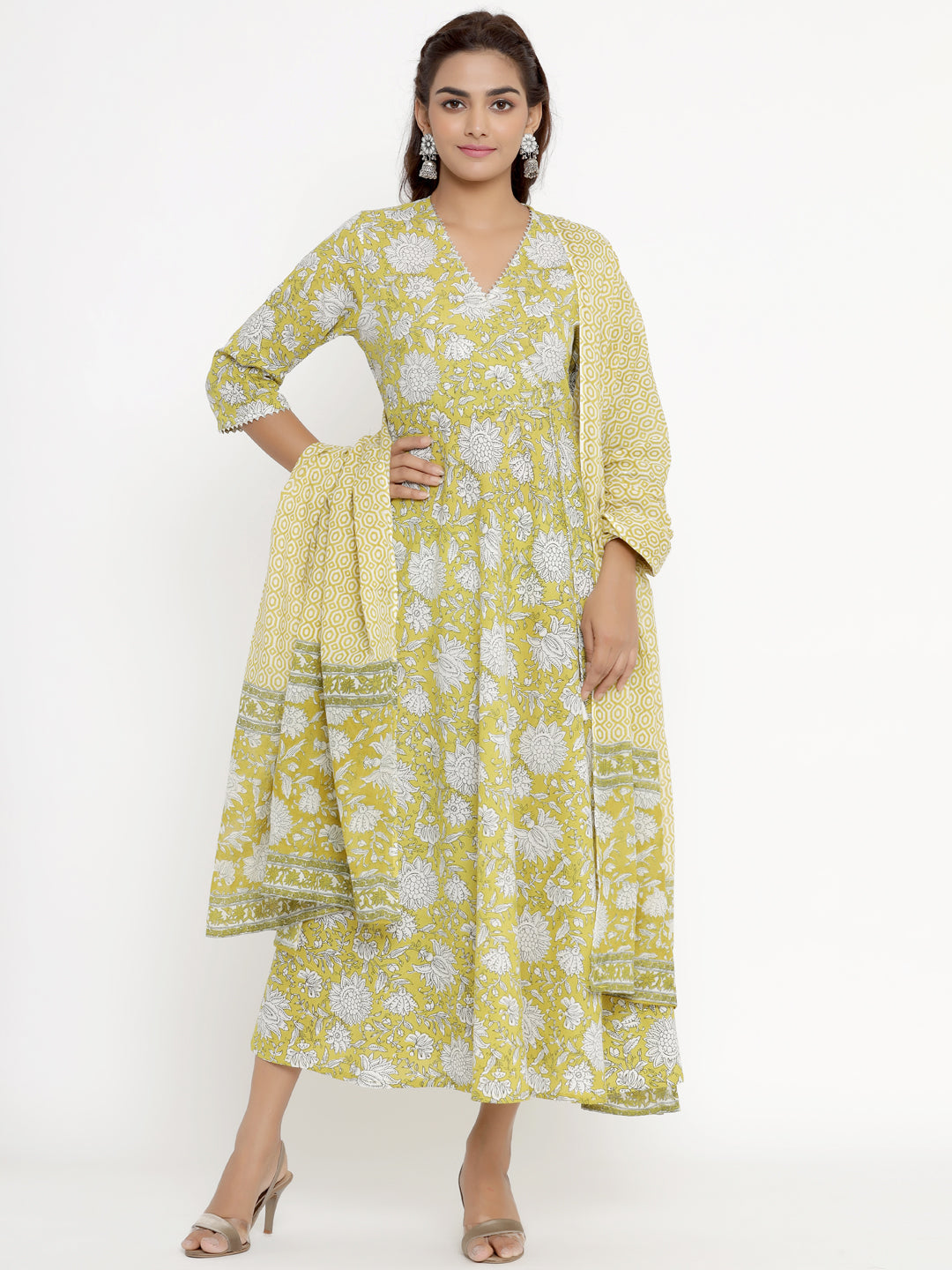 Women's Cotton Floral Print Anarkali Kurta With Dupatta - Miravan