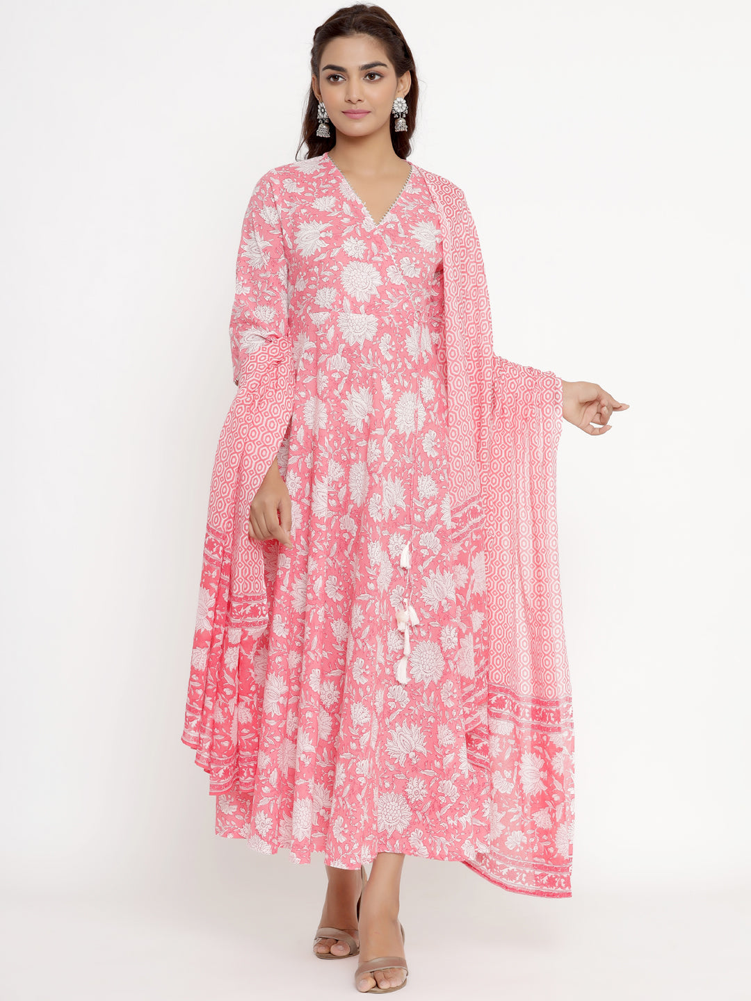 Women's Cotton Floral Print Anarkali Kurta With Dupatta - Miravan