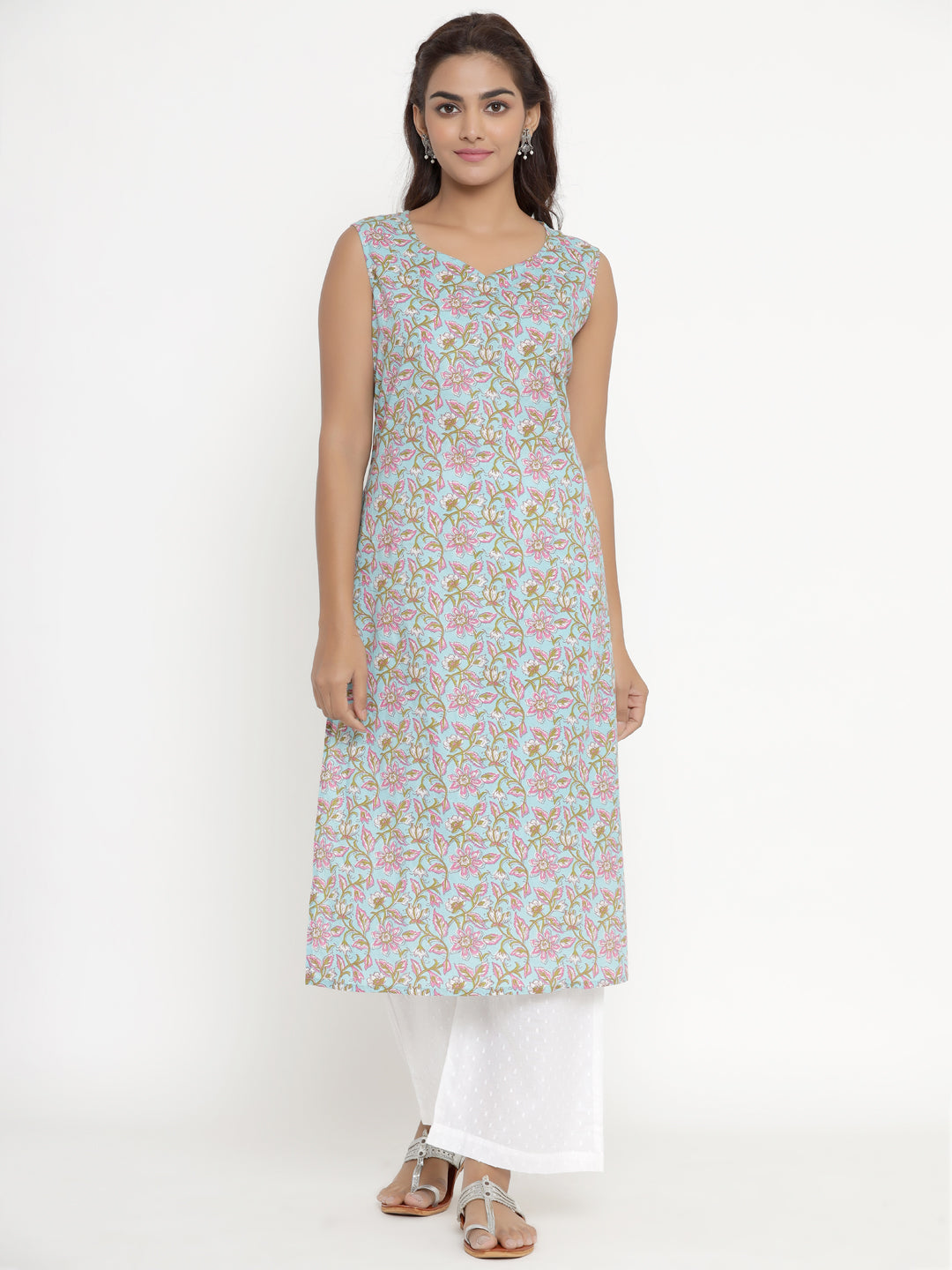 Women's Pure Cotton Floral Printed Sleeveless Straight Kurta - Miravan