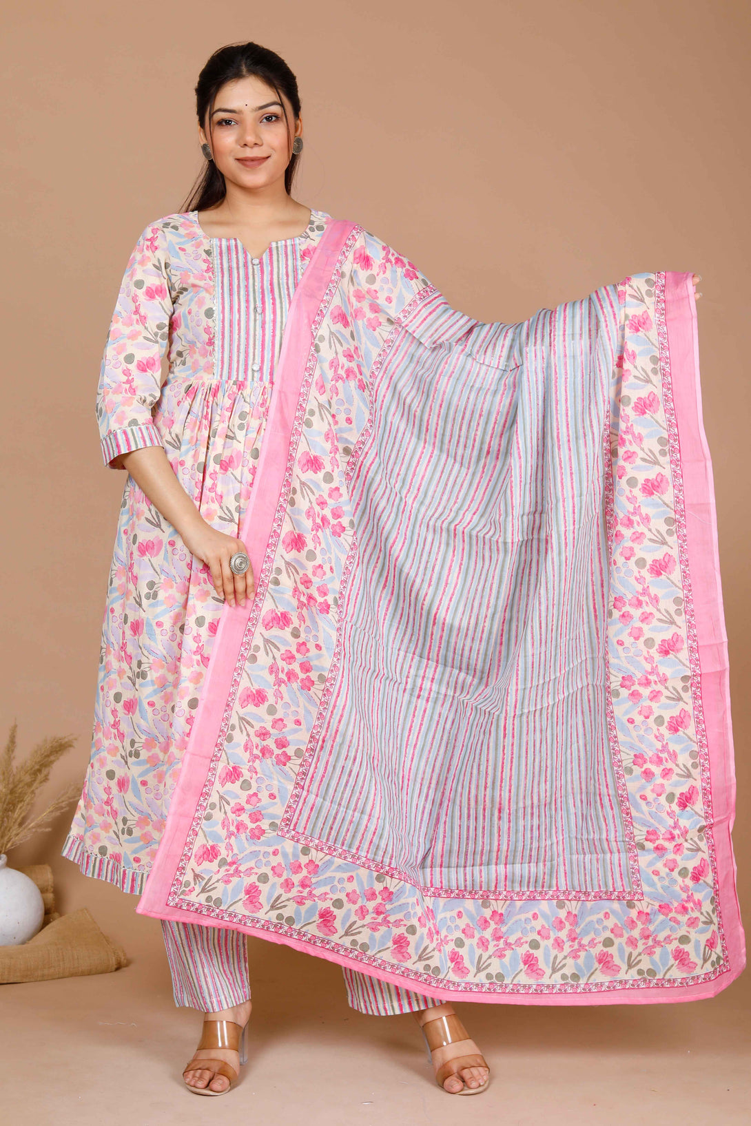 Women's Cotton Pink Floral Printed Straight Kurta Palazzo With Dupatta - Miravan