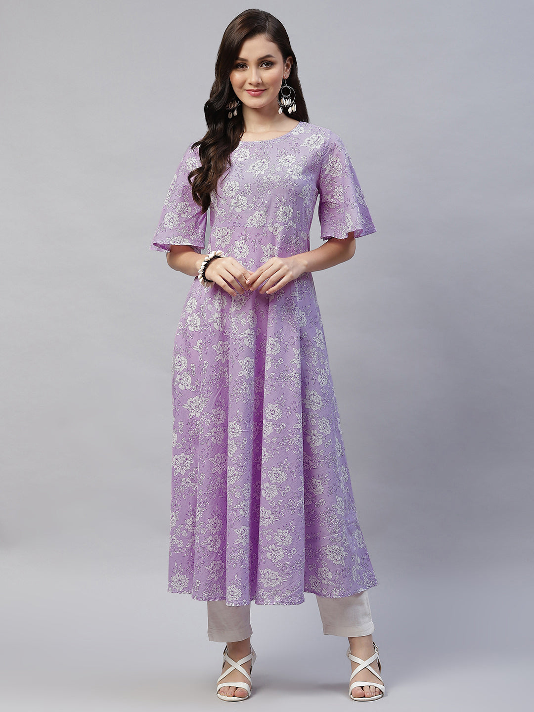 Women's Levender Floral Printed Anarkali Kurta - Miravan