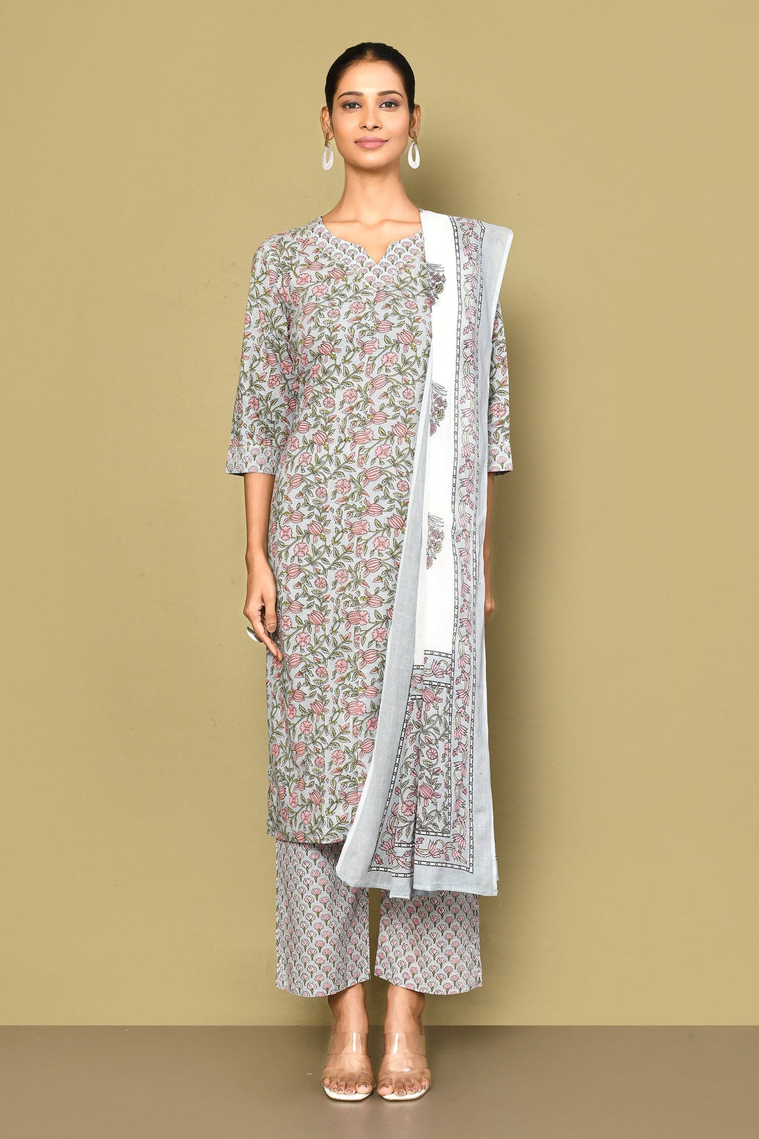 Women's Blue Floral Printed Gota Patti Cotton Kurta With Palazzo And Dupatta Set - Miravan