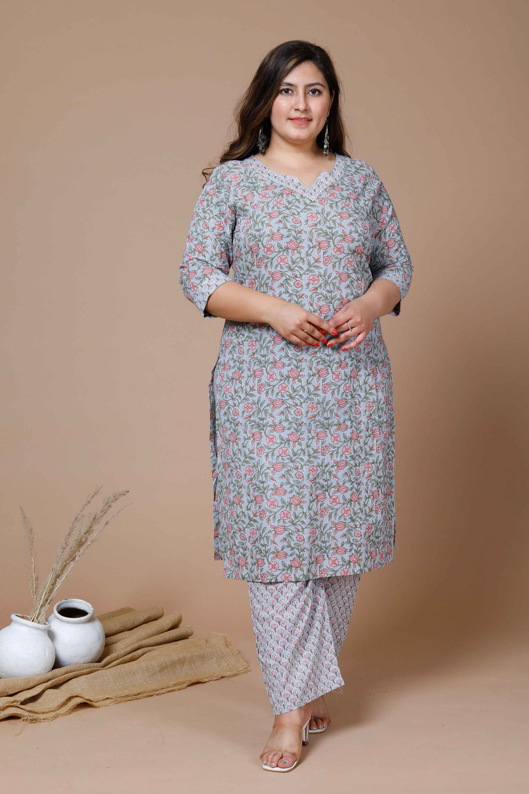 Women's Plus Size Blue Floral Printed Gota Patti Cotton Kurta With Palazzo - Miravan