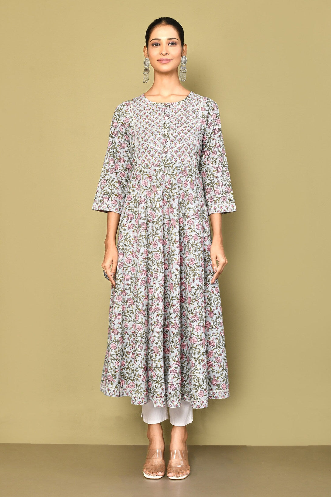 Women's Floral Printed Blue Anarkali Kurta - Miravan