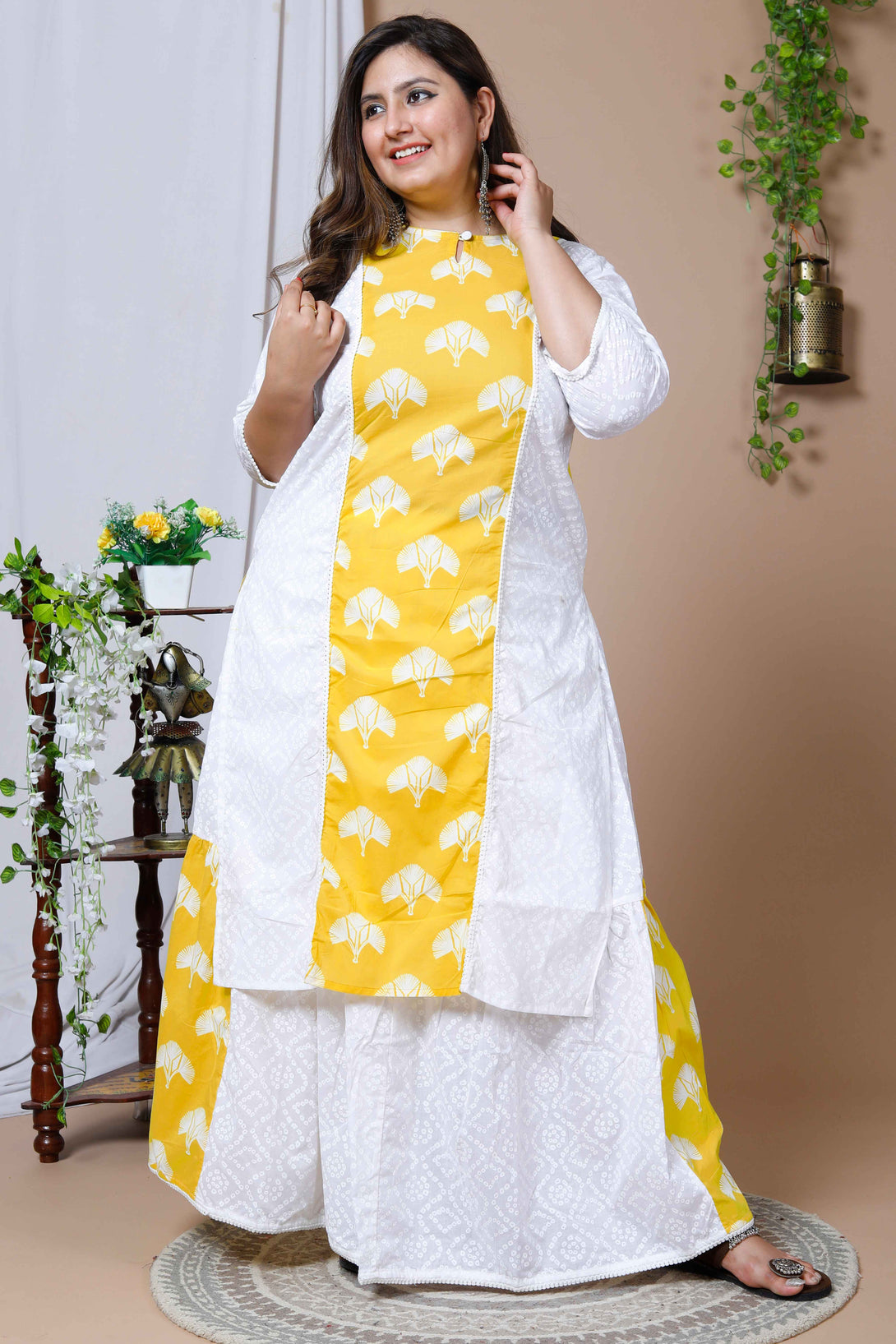 Women's White And Yellow Plus Size Cotton Printed Kurta And Skirt Set - Miravan