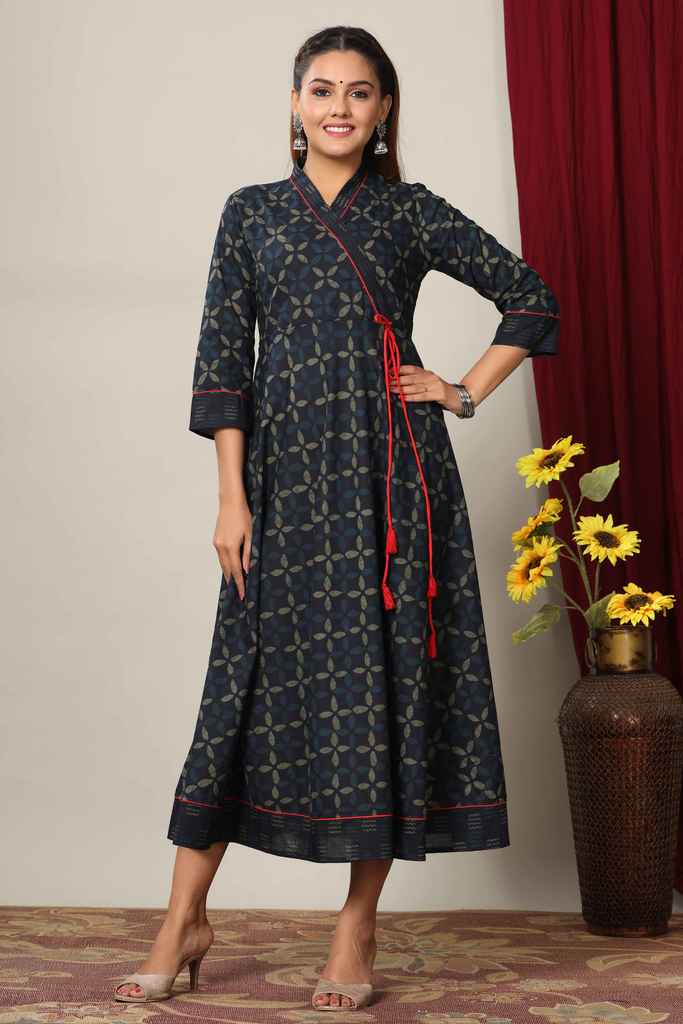 Women's Abstract Print Ankle Length Angrakha Style Kurta - Miravan