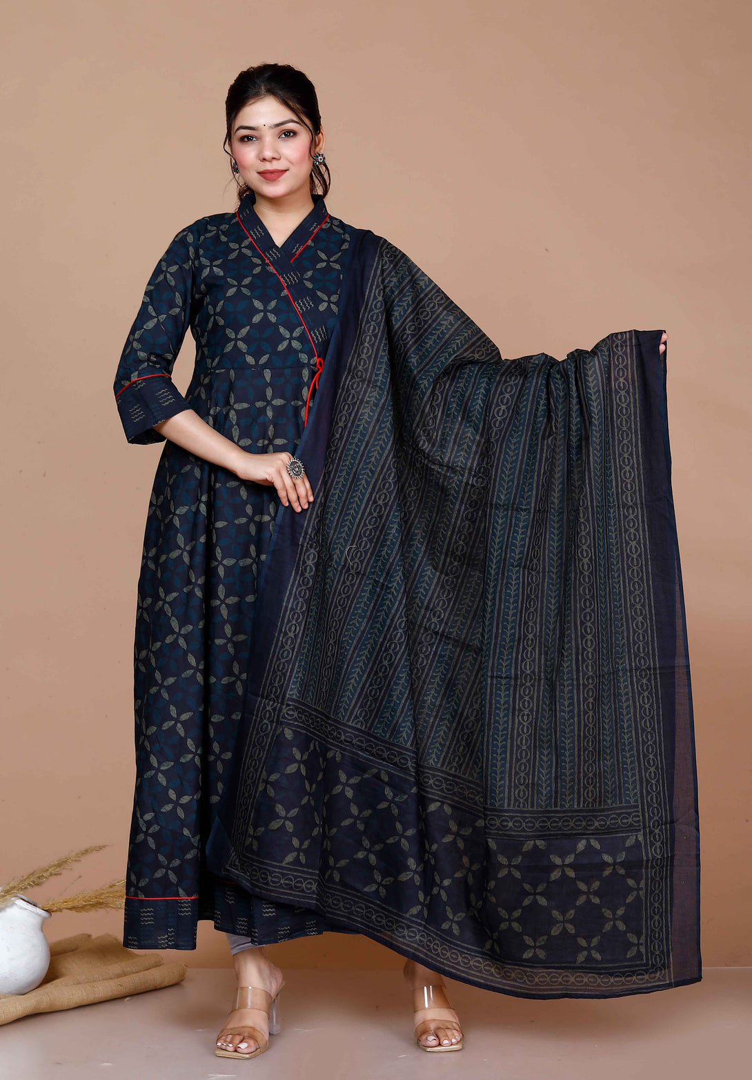 Women'S Abstract Printed & Tasseles Angrakha Kurta With Blue Dupatta Set - Miravan