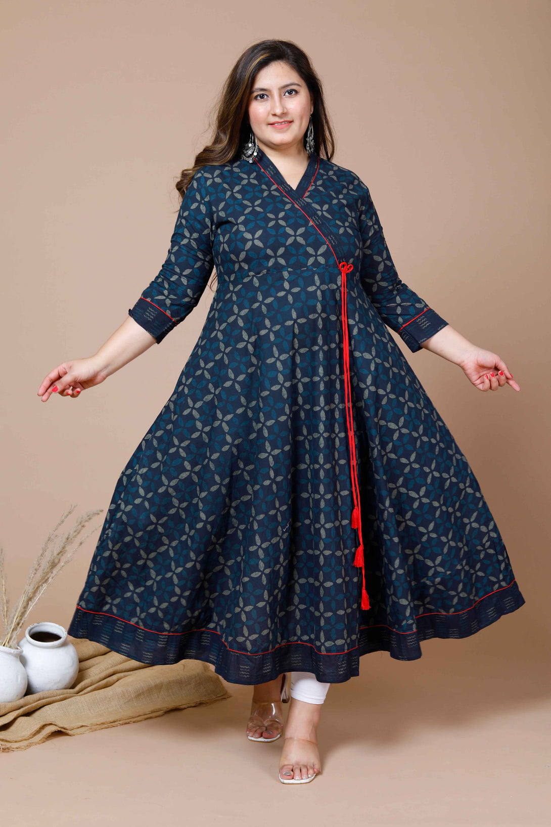 Women's Plus Size Navy Blue Printed Angrakha Kurta - Miravan