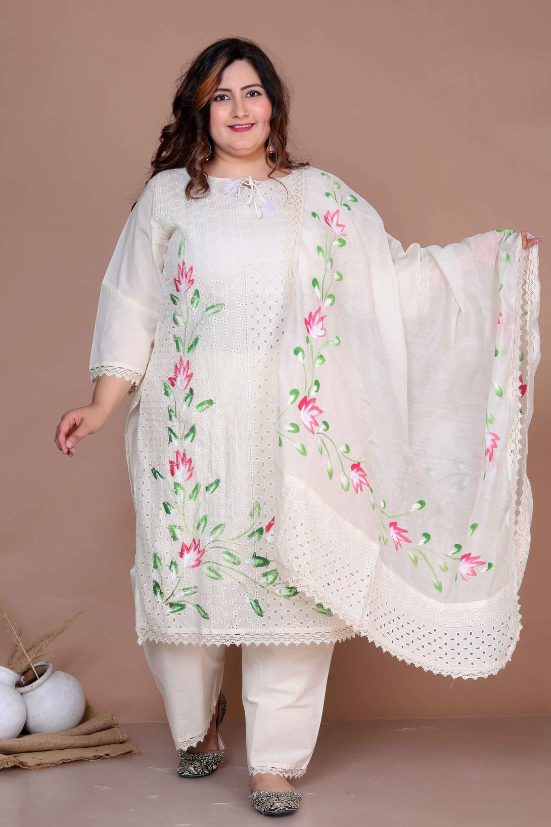 Women's Plus Size Cream Ethnic Motifs Hand Block Cotton Pakistani Kurta Palazzo With Dupatta - Miravan