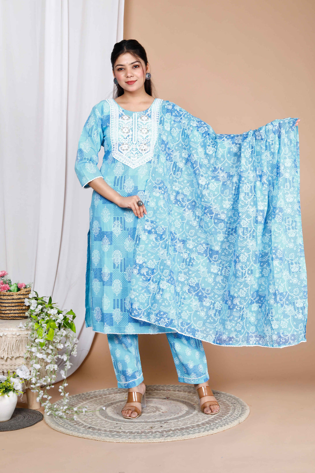 Women's Pure Cotton Embroidered Print Straight Kurta And Palazzo With Dupatta - Miravan