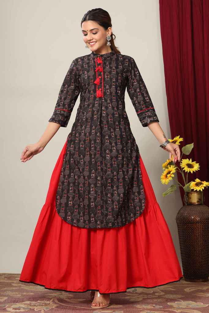 Women's Black Printed Pure Cotton Kurta With Skirt - Miravan