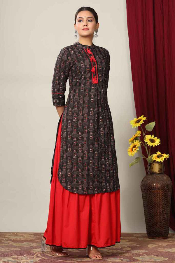 Women's Black Printed Pure Cotton Kurta With Skirt - Miravan