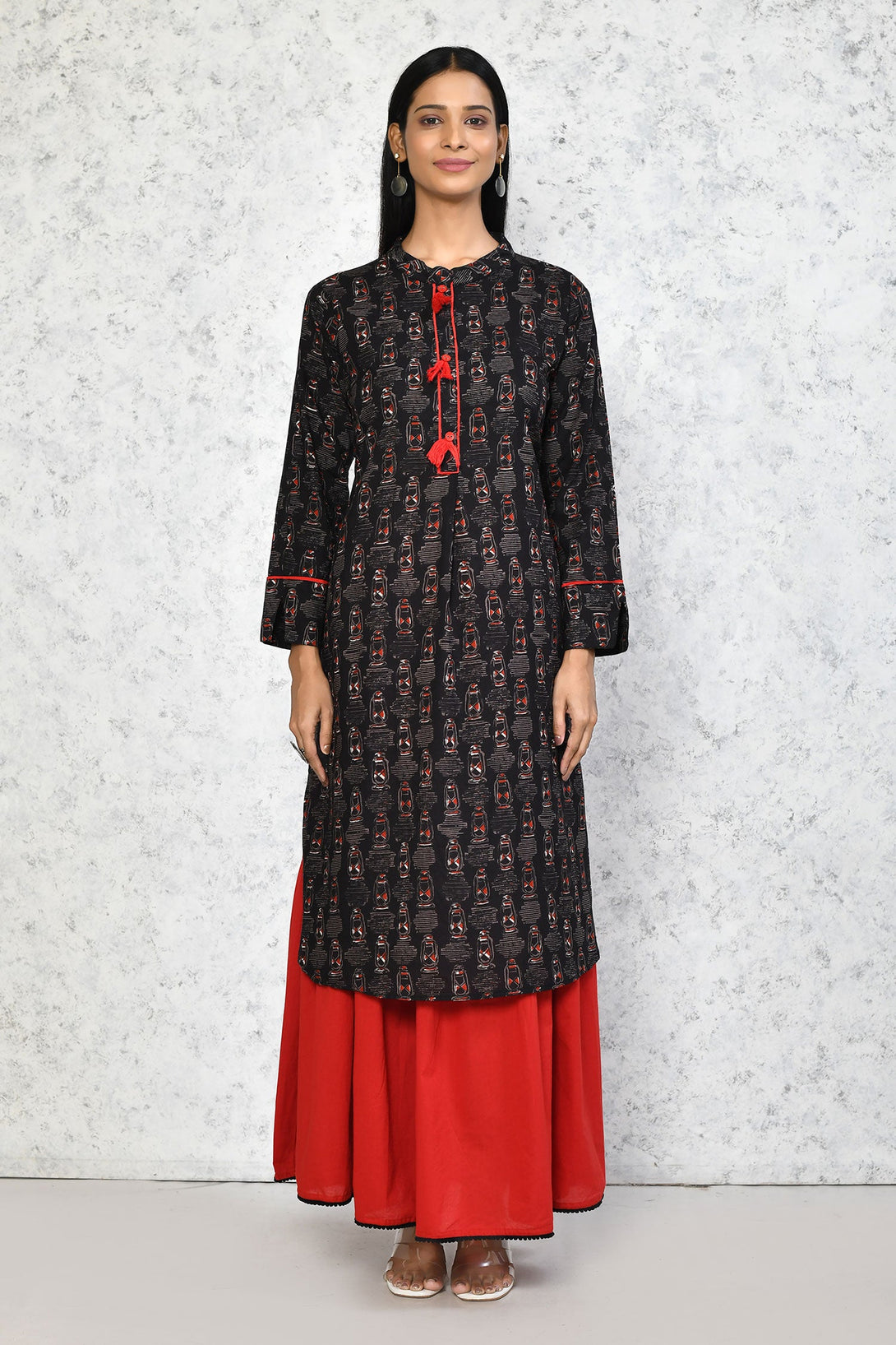 Women's Black Printed Pure Cotton Kurta With Skirt - Miravan