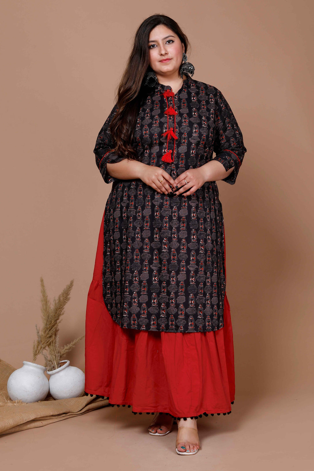 Women's Plus Size Black Printed Pure Cotton Kurta With Skirt - Miravan