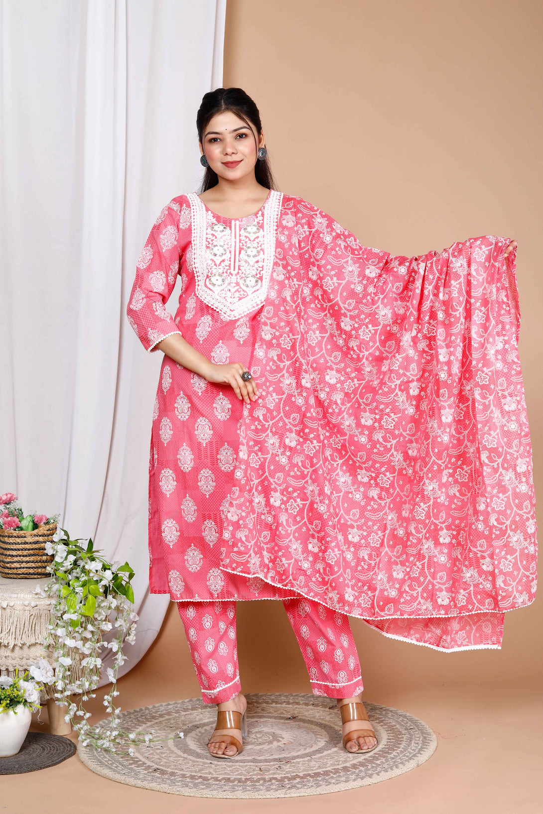 Women's Pink Cotton Embroidered Straight Kurta And Palazzo With Dupatta Set - Miravan