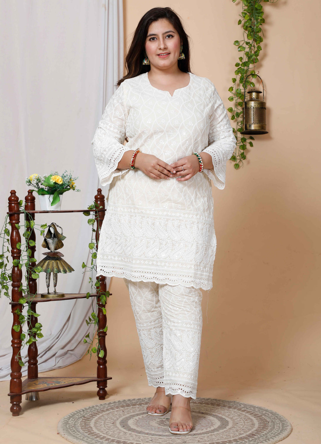 Women's Plus Size Beige Chikankari Thread Work Kurti With Palazzo - Miravan