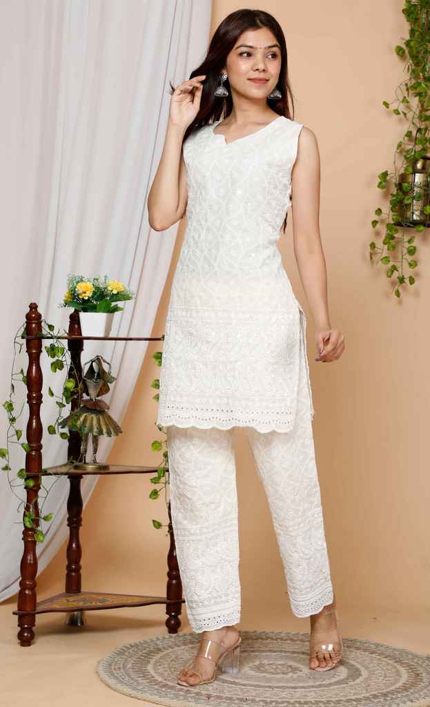 Women's Beige Floral Embroidered Pure Cotton Sleevless Kurti - Miravan