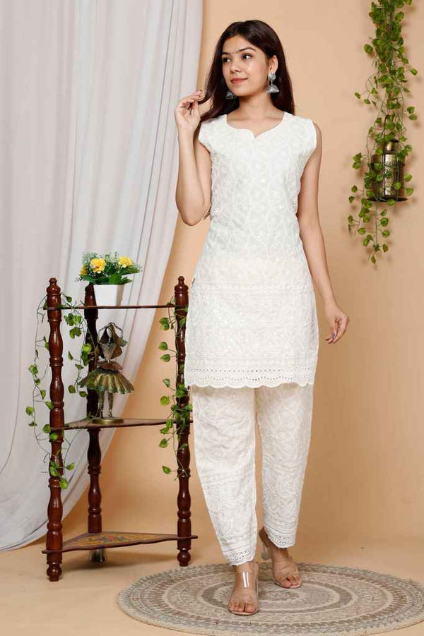 Women's Beige Floral Embroidered Pure Cotton Sleevless Kurti - Miravan