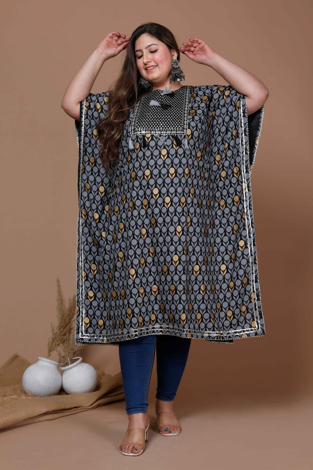 Women's Plus Size Black Cotton Printed Kaftan - Miravan