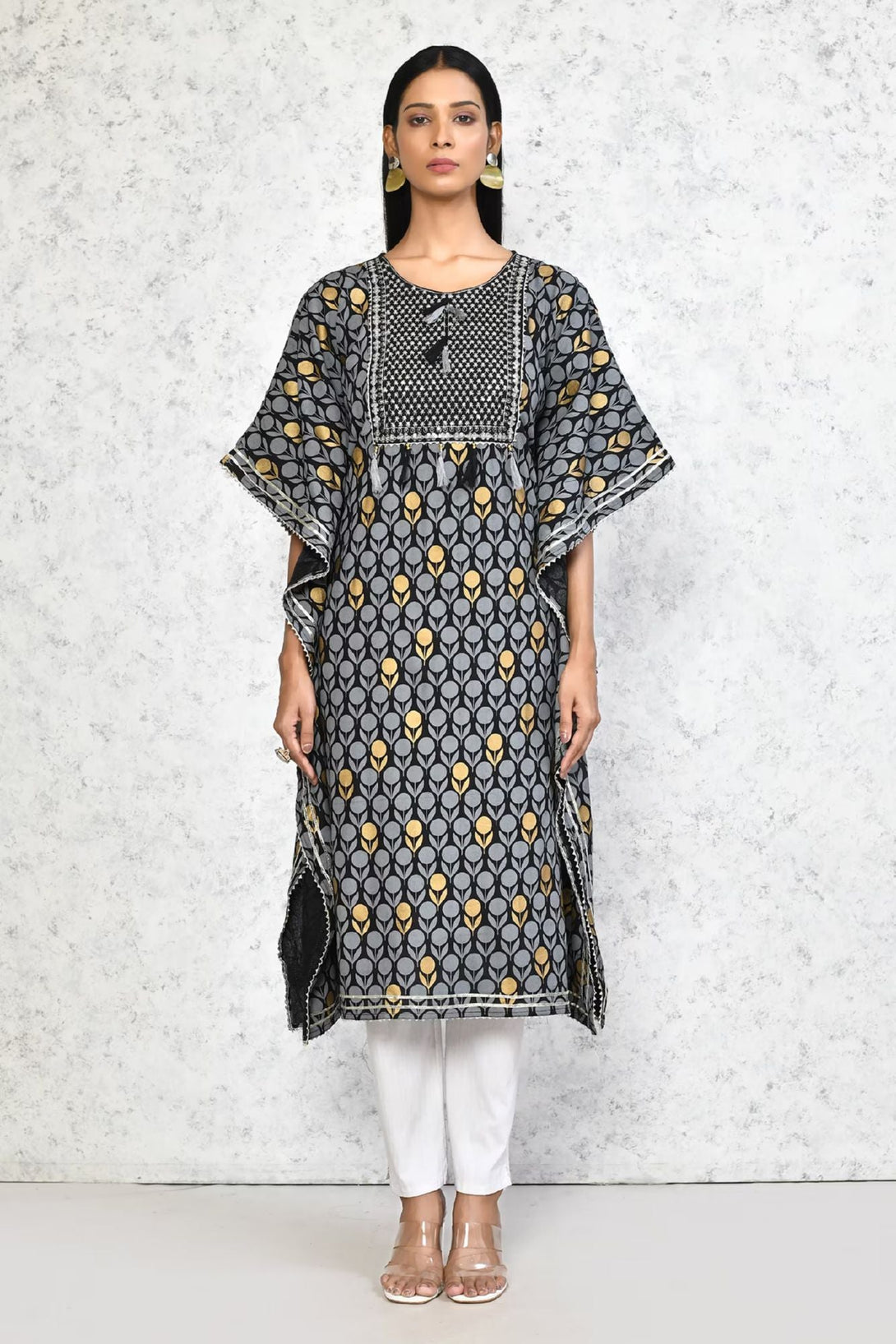 Women's Black Cotton Printed Kaftan - Miravan