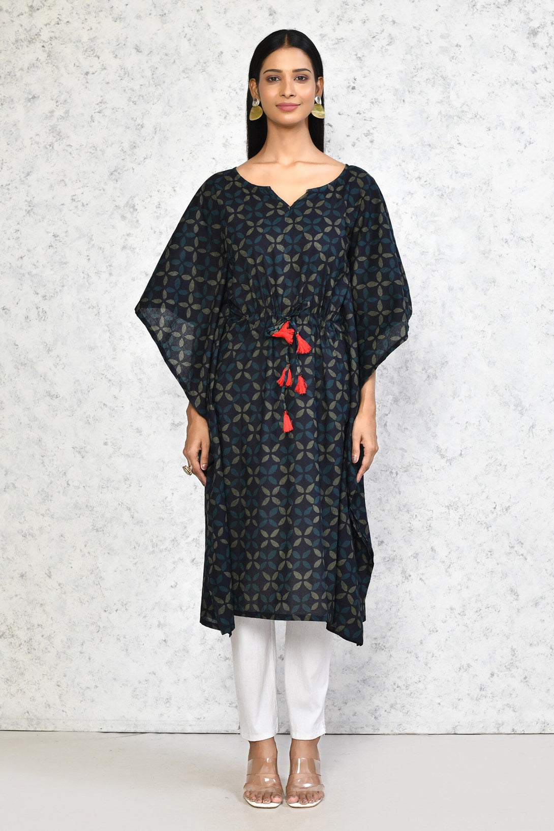 Women's Navy Blue Printed Flared Sleeves Kaftan - Miravan