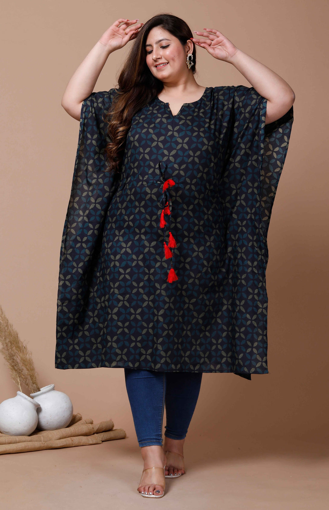 Women's Plus Size Navy Blue Printed Flared Sleeves Kaftan - Miravan