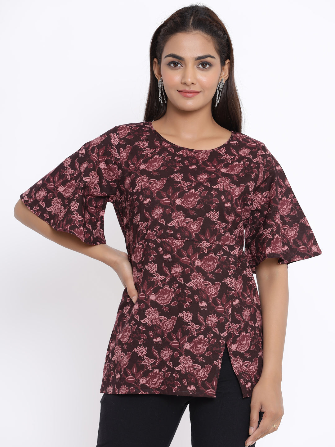 Women's Maroon Floral Printed Pure Cotton Top - Miravan