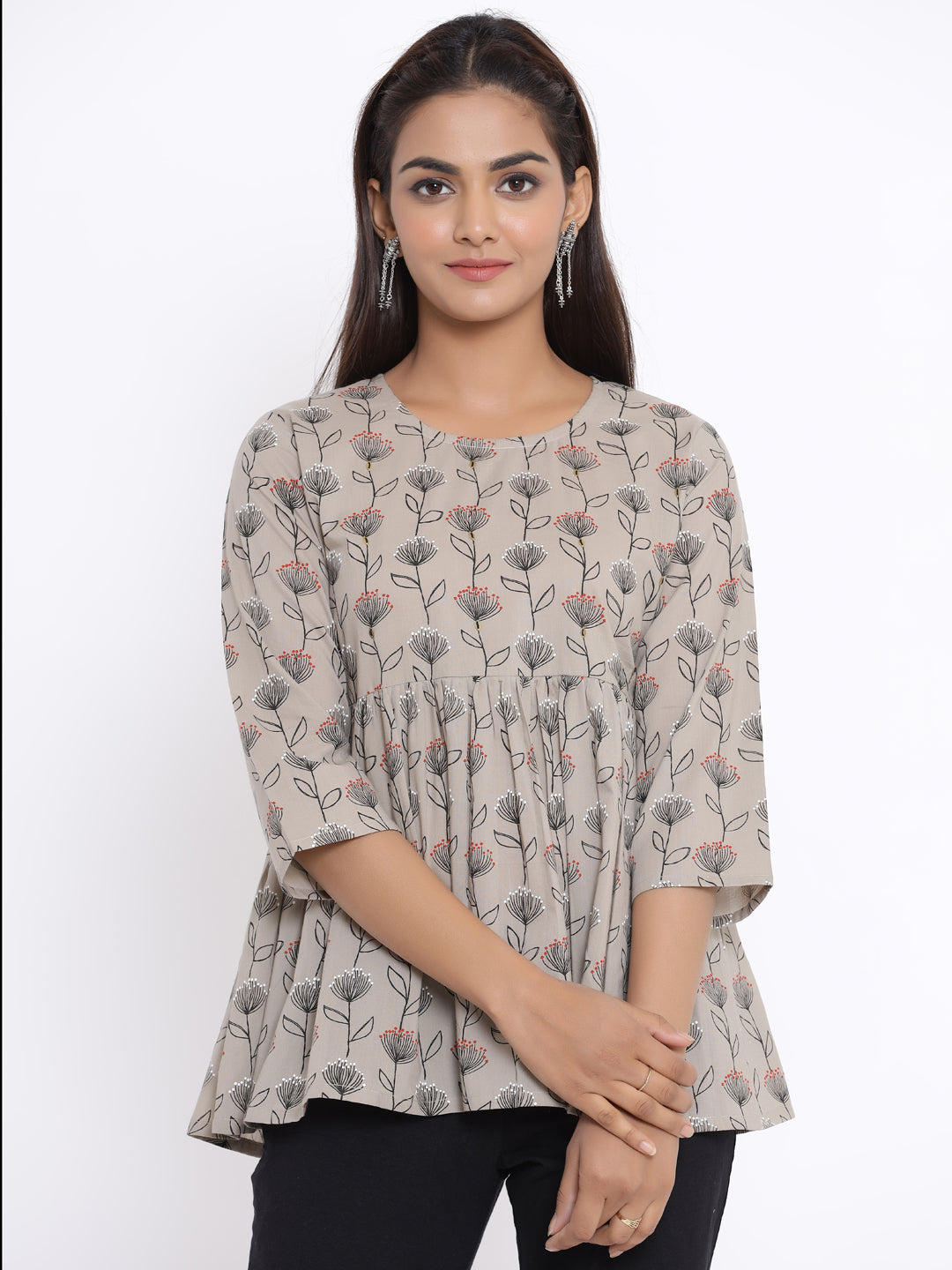 Women's Beige Cotton Floral Printed Short Kurti - Miravan