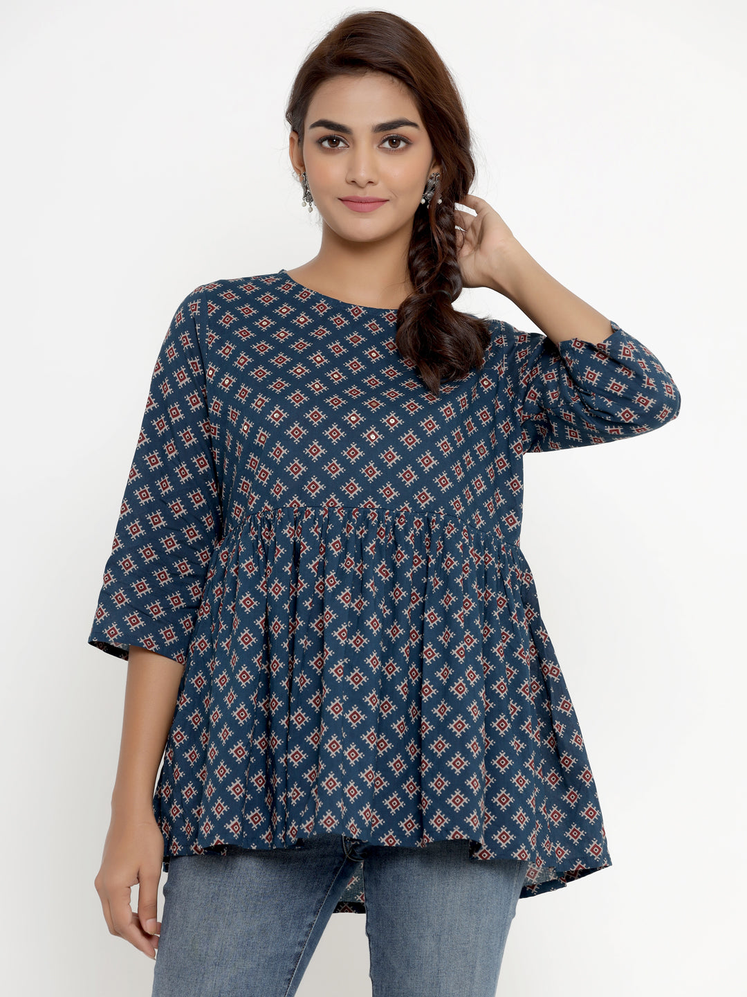 Women's Blue And Maroon Print Pure Cotton Tunic - Miravan